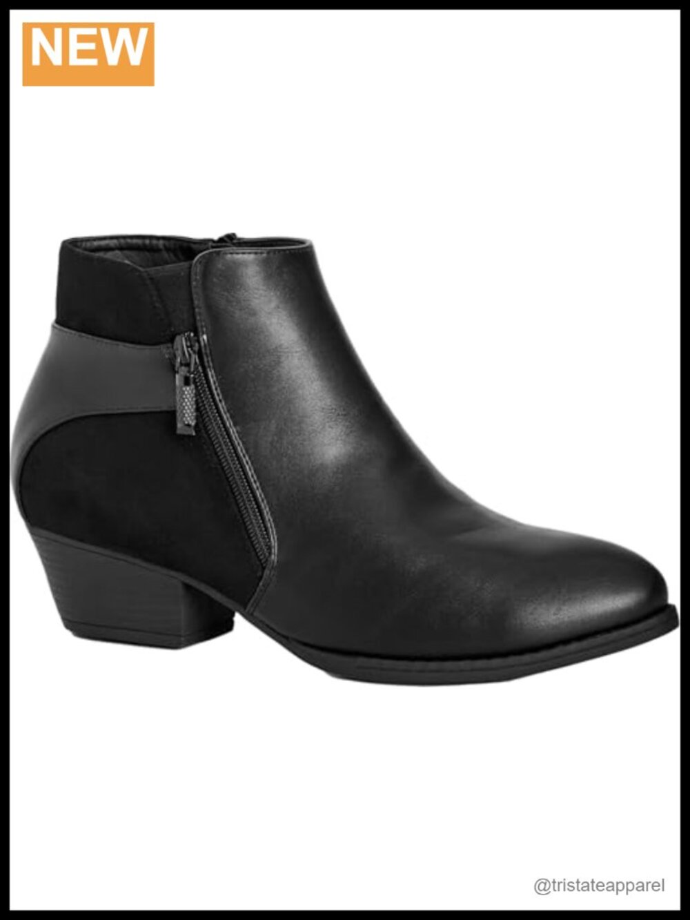 Wide Fit Ankle Bootie Faux Leather Faux Suede Low Block Heel Zip